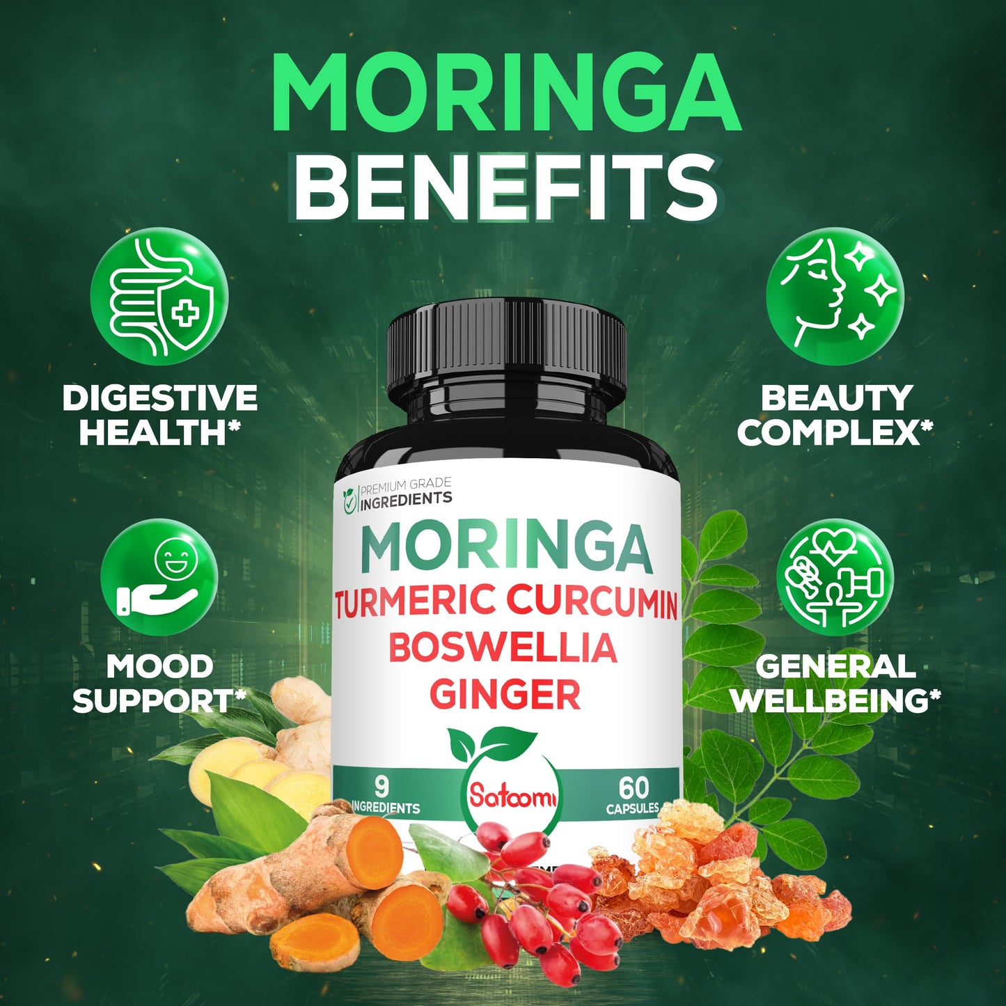 Satoomi 9in1 Moringa Capsules - Featuring Moringa, Turmeric, Boswellia, Ginger, Ashwagandha, Ceylon Cinnamon and Milk Thistle, and Resveratrol | Support Mood, Heart & Overall Health - 60 Count Satoomi buy supplements Au