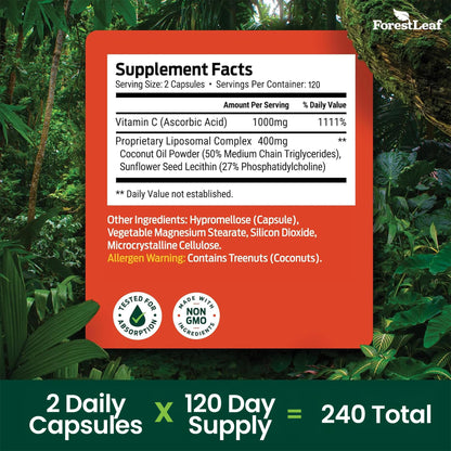ForestLeaf Liposomal Vitamin C 1400mg Capsules | High Dose Vitamin C Liposomal Supplement w Coconut Oil Fatty Acids | Fast Absorption | Immune Support, Antioxidant, Collagen Production | 120 Vegan Cap
