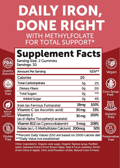 Lunakai USA Made Vegan Iron Gummies 5-in-1 with Methylfolate, Vitamin C, E & B12 - Daily Chewable Iron Supplement for Women, Men & Kids - Energy & Blood Health Support, Non-GMO, 60ct