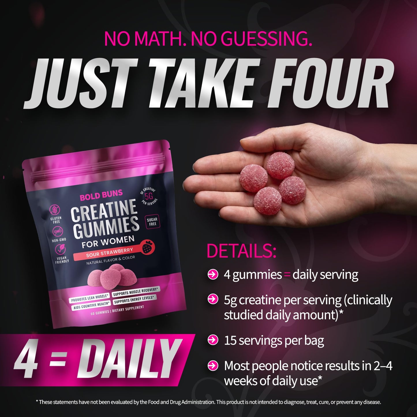 Bold Buns Creatine for Women – Supplement with Collagen & BCAA – Supports Muscle Development, Post-Workout Recovery, Skin Elasticity, Healthy Hair & Nail (30 Servings, Unflavored)