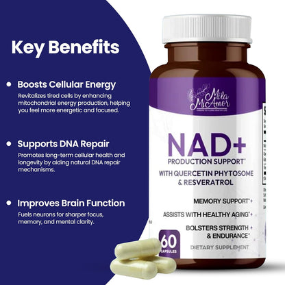 Mila Miamor NAD+ for Cellular Energy & Anti-Aging Supplement| Boost Focus, Vitality & Mitochondrial Function | Supports DNA Repair, Brain Health & Endurance | Non-GMO, Gluten-Free | 60 Capsules
