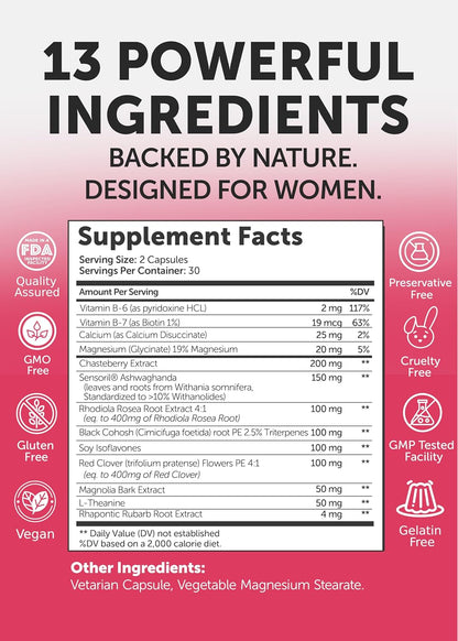 Lunakai USA Made Natural Menopause Supplements for Women, 60ct | Non-GMO, 13-in-1 Menopause Relief for Hot Flashes, Night Sweats, Sleep & Mood Support