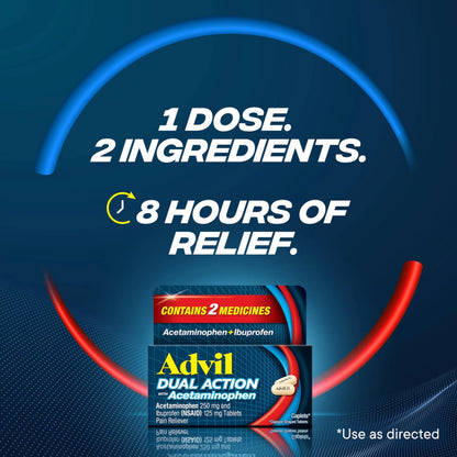 Advil Dual Action Coated Caplets with Acetaminophen, 250 Mg Ibuprofen and 500 Mg Acetaminophen Per Dose (2 Dose Equivalent) for 8 Hour Pain Relief - 72 Count AdvilBuy Supplements Australia
