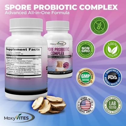 MoxyVites Spore Probiotic Complex - All In One Prebiotics and Probiotics for Digestive Health, Postbiotic, Digestive Enzymes Daily Supplement - Spore Based Probiotic for Women & Men