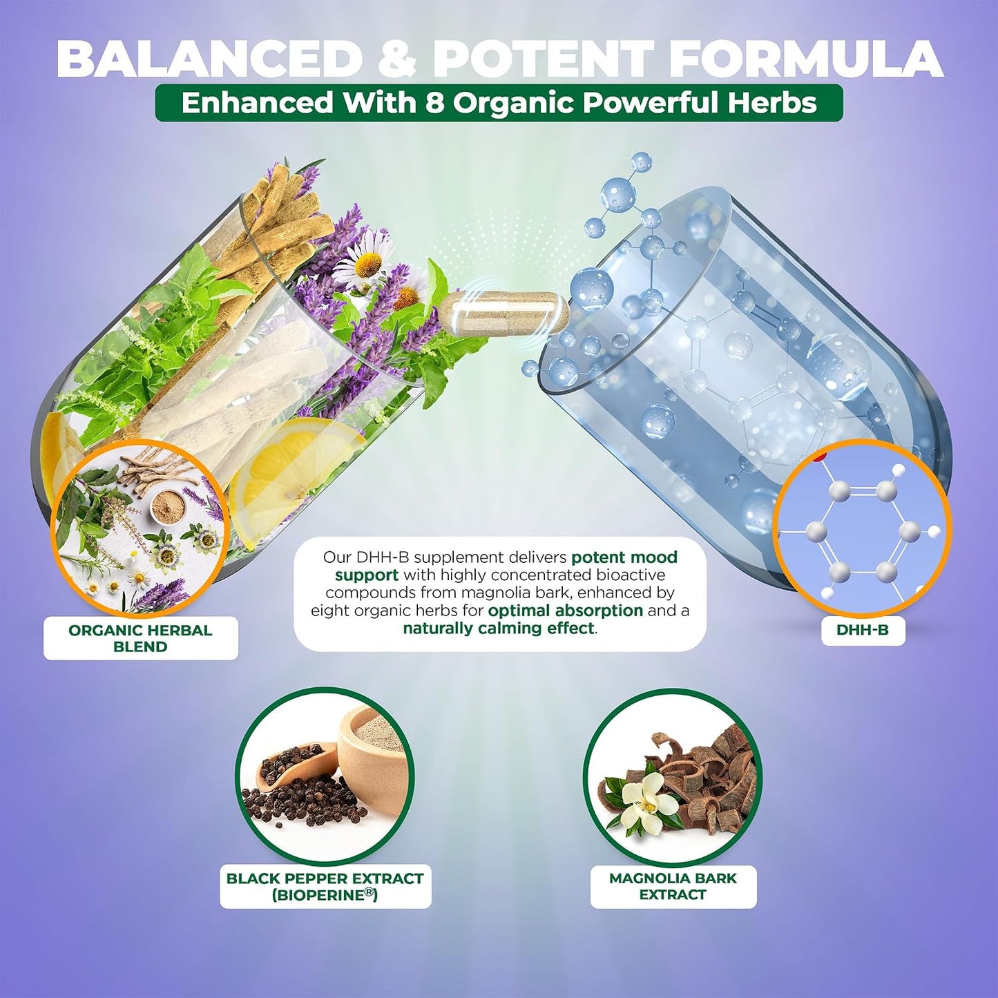 DHH-B Supplement - Bioactive Honokiol Magnolia bark Extract | for Cellular Health| Organic Ashwagandha & Herbs, High Strength 60 Vegan Capsules, 2 Month Supply, Non GMO
