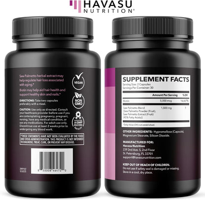 Saw Palmetto for Women with Bitoin 5000mcg Per Serving, 30-Day Supply | Vegan, Non-GMO DHT Blocker for Women for Hair, Skin and Nails, Saw Palmetto Extract with Biotin for Thicker Looking Hair