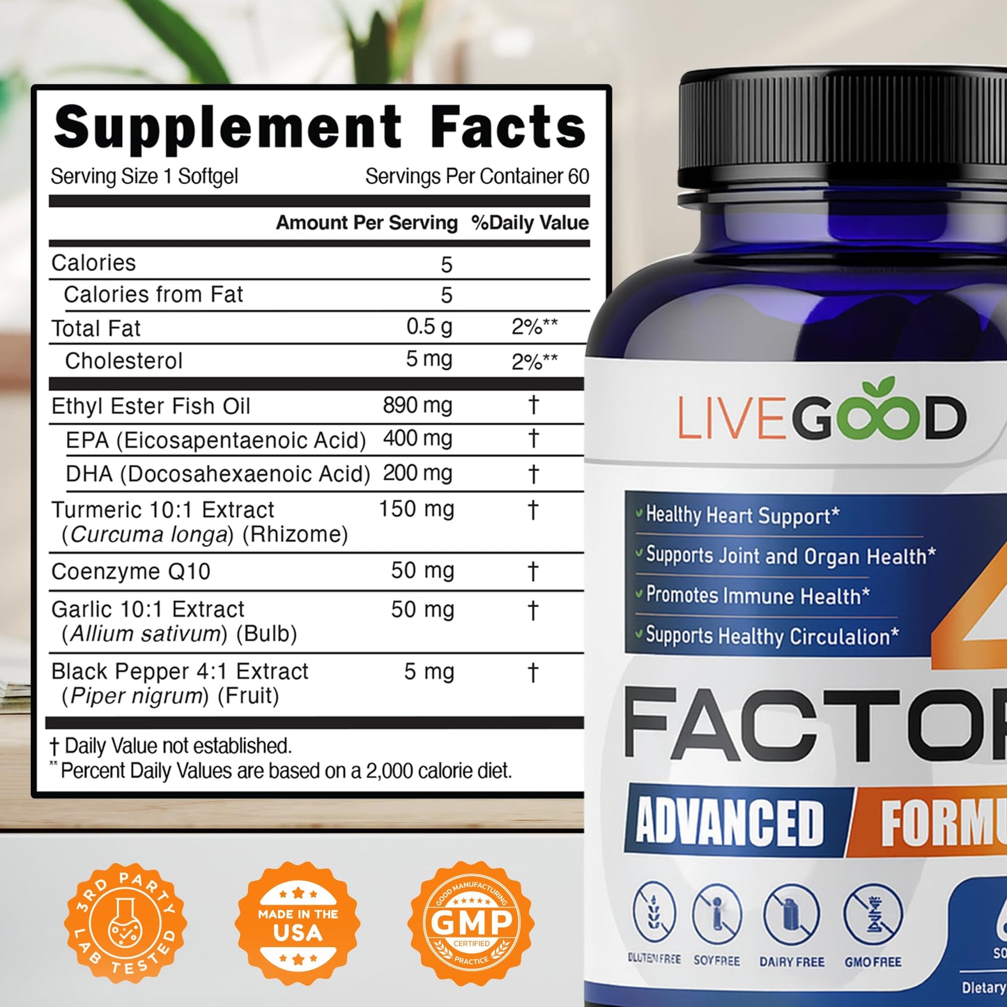 LIVEGOOD™ Factor 4, Omega 3 Fish Oil with EPA & DHA, CoQ10, and Turmeric, Advanced Q10 Coenzyme & CoQ10 Supplements, DHA Supplements for Heart, Joint & Immune Support, Made in USA, 60 Count, LIVEGOODBuy Supplements Australia