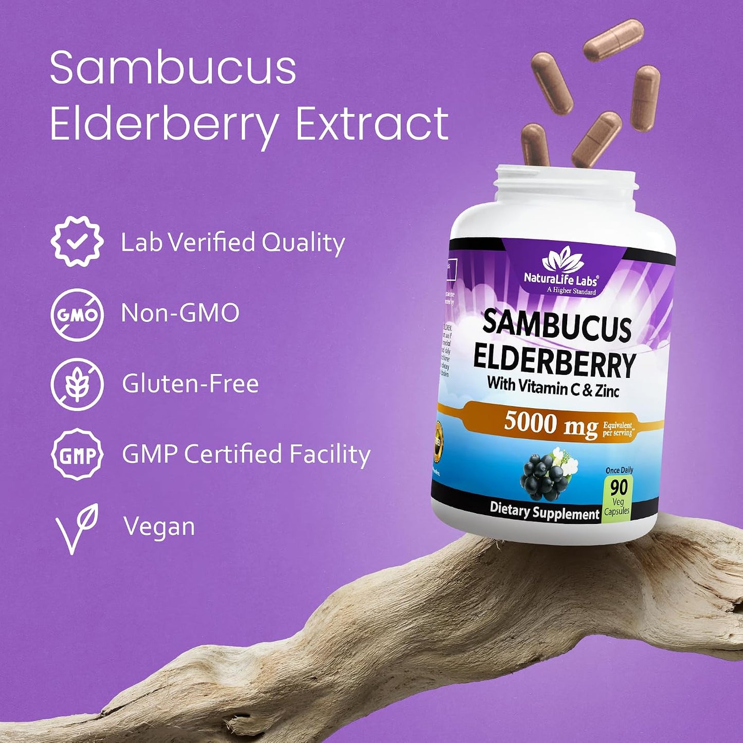 NaturaLife Labs Sambucus Elderberry Capsules – with Vitamin C & Zinc – Immune Support Supplement – 90 Vegan Capsules – Non-GMO & Gluten-Free