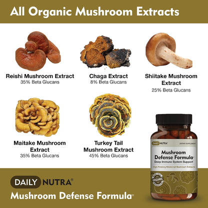 DailyNutra Mushroom Defense Formula - Immune Support Supplement | Organic Mushrooms, Hot Water Extracted - Reishi, Chaga, Maitake, Shiitake & Turkey Tail (90 Capsules)