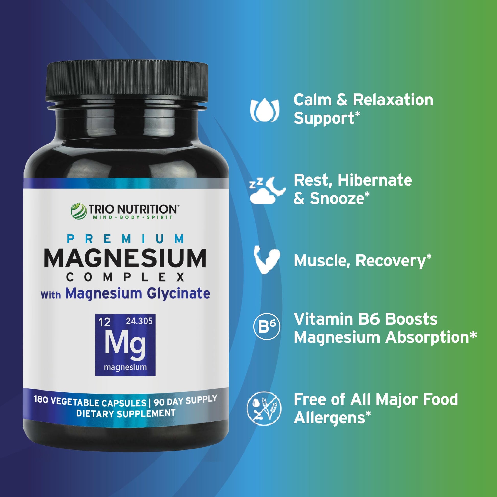 Trio Nutrition Magnesium Complex 90 Day Supply 420 mg | Natural Calm, Relax, Stress Relief, and Muscle Recovery |Magnesium Glycinate Supplement with Vitamin B6 for Rapid Absorption* TRIO NUTRITION buy supplements Au