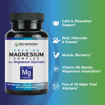 Trio Nutrition Magnesium Complex 90 Day Supply 420 mg | Natural Calm, Relax, Stress Relief, and Muscle Recovery |Magnesium Glycinate Supplement with Vitamin B6 for Rapid Absorption* TRIO NUTRITION buy supplements Au