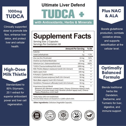 Totaria TUDCA 1000mg Liver Support Supplement with Milk Thistle, NAC, ALA, 80% Silymarin, 15-in-1 Extra Strength Bile Salts, for Liver Cleanse Detox & Repair, Gallbladder, Non-GMO, 120 Capsules