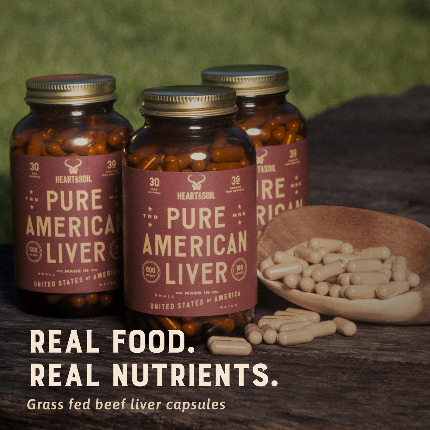 HEART & SOIL Beef Organs Supplement, 180 Capsules | 100% grass fed & finished from regenerative cattle with liver, heart, kidney, pancreas & spleen. 3000mg formula.