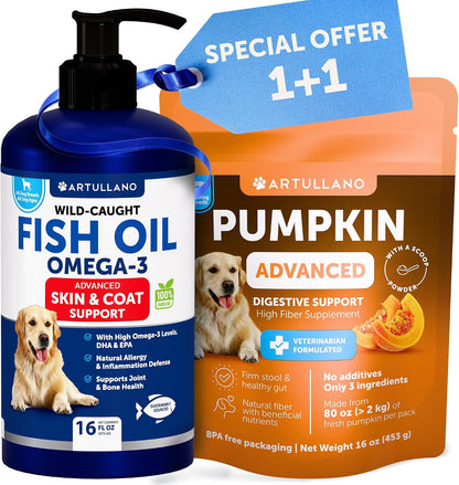 Omega 3 Fish Oil for Dogs + Pumpkin Powder Bundle - Skin & Coat Defense, Allergy Relief, High EPA & DHA - Digestive Support, Fiber for Gut Balance, Firm Stool, Constipation & Diarrhea Relief