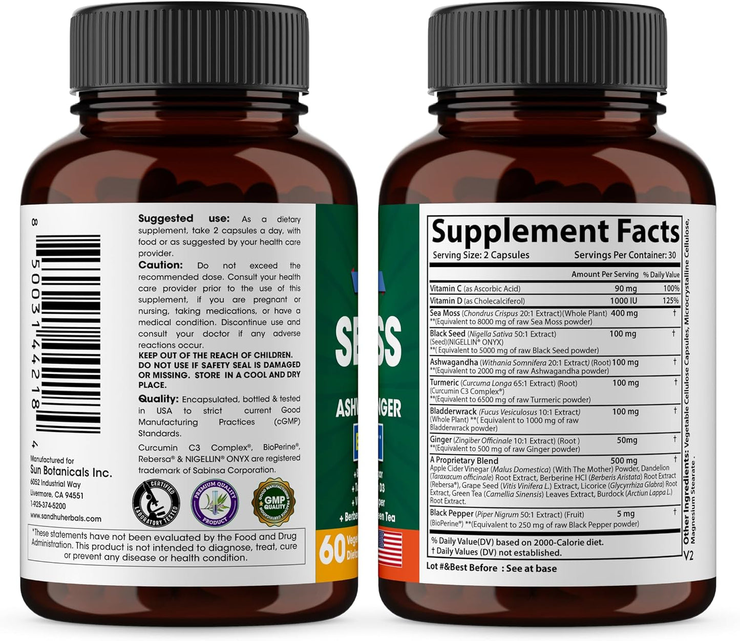 Sandhu Herbals Zinc 50mg & Sea Moss Black Seed Oil Ashwagandha Ginger Burdock Root Supplement for Men & Women| Made in USA