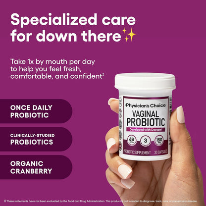 Physician's CHOICE Vaginal Probiotics for Women, pH Balance & Odor, 30ct | Supports Odor Control, Vaginal Flora, Yeast Balance & Feminine Health, 6B CFU, Organic Prebiotics, Cranberry Extract