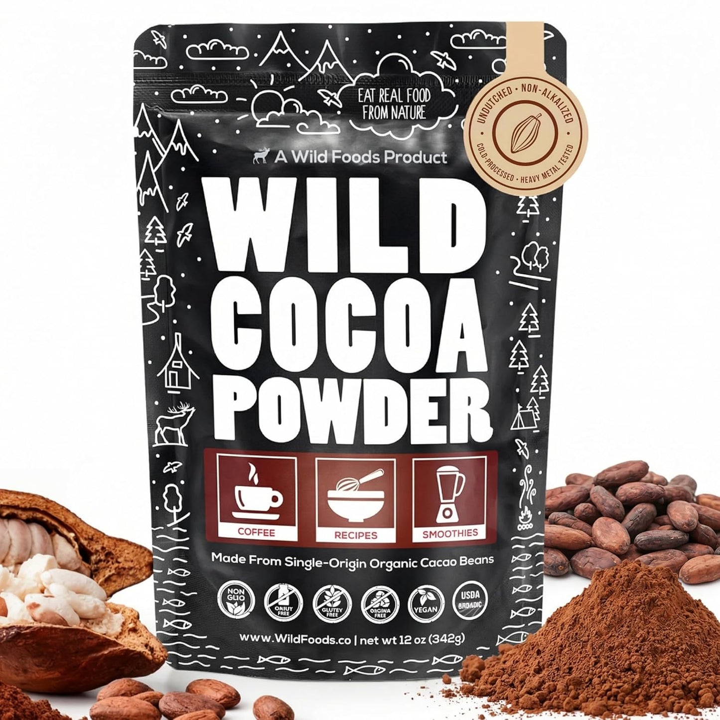 Wild Foods Organic Cocoa Powder Unsweetened for Baking & Cooking, Raw Cacao Powder, Organic Single-Origin Non-Dutched Dark Cocoa, 100% Pure, Non-GMO, Vegan Keto Superfood, Purity Tested, 12 oz