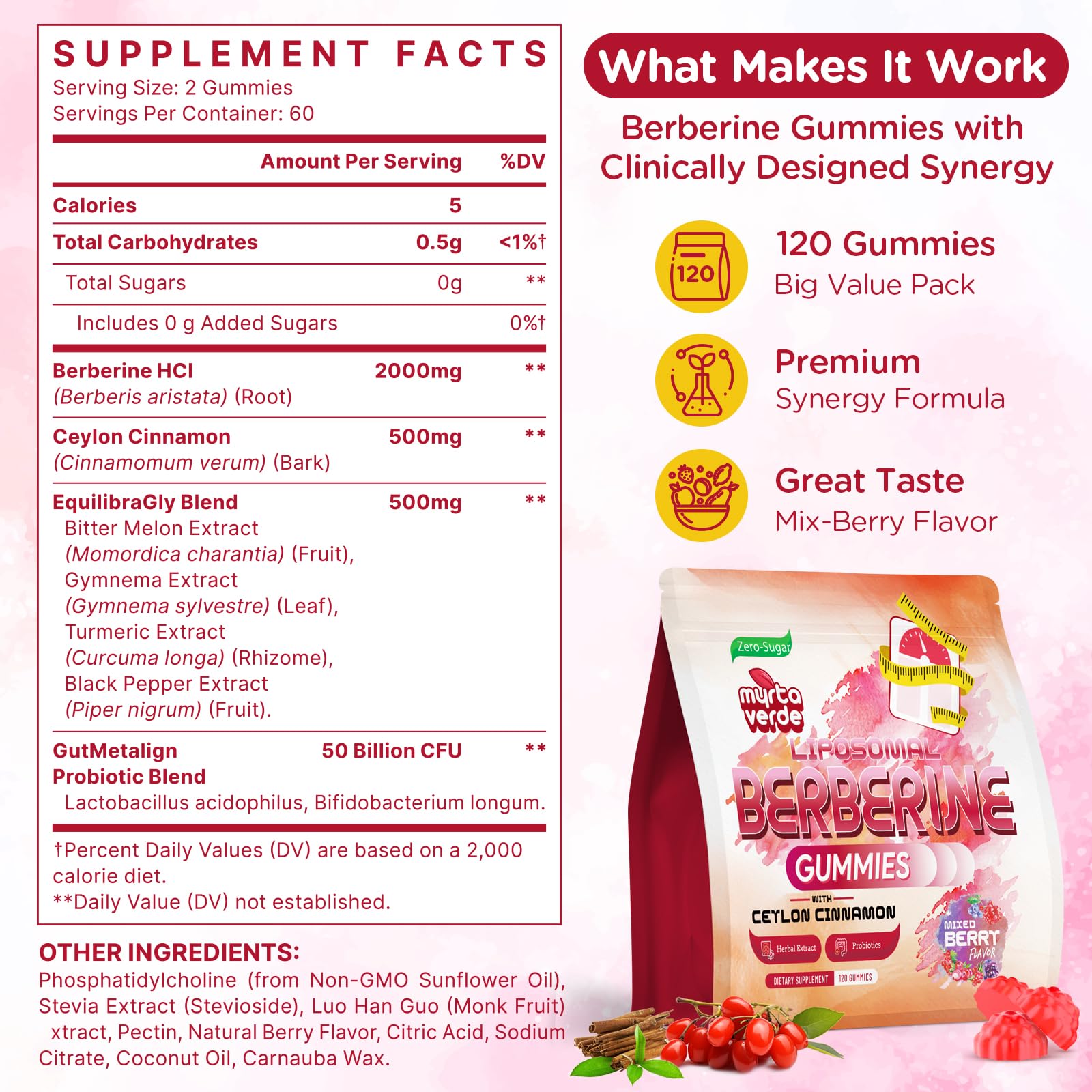 2000mg Liposomal Berberine Supplement Gummies | High Potency Berberine HCI Activates AMPK with Ceylon Cinnamon | Advanced Absorption | Zero Sugar Mixed-Berry | 120 Count Myrtaverde buy supplements Au