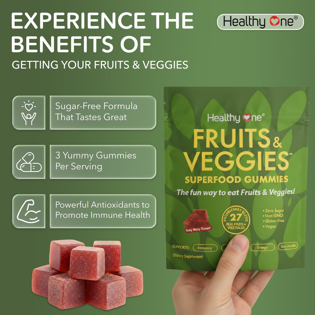 Fruits & Veggies Sugar-Free Gummies - 27 Whole Foods - Equals 3 Servings of Fruits & Vegetables - Improve Energy, Focus & Immune Function - Fiber - Antioxidants - Organic Ingredients - 14 Packets Healthy One buy supplements Au