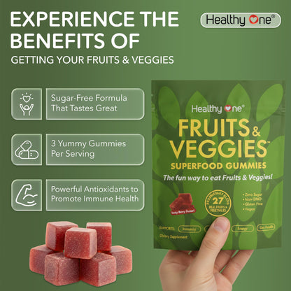 Fruits & Veggies Sugar-Free Gummies - 27 Whole Foods - Equals 3 Servings of Fruits & Vegetables - Improve Energy, Focus & Immune Function - Fiber - Antioxidants - Organic Ingredients - 14 Packets Healthy One buy supplements Au