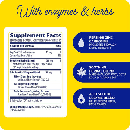 Enzymedica Acid Soothe Supplement for Women & Men - 30 Capsules