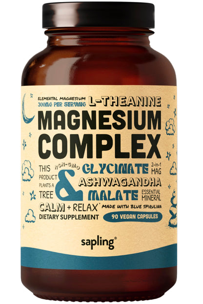Supplement bottle labeled 'Magnesium Complex' with branding on a white background