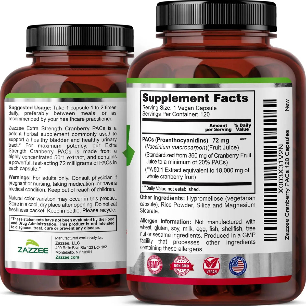 Zazzee Cranberry PACs, 72 mg PACs per Capsule, 2X Strength, 100% Soluble, 120 Vegan Capsules, 50:1 Extract, 18,200 mg Strength, Fast-Acting, Effective Urinary Tract Support, Made in The USA ZazzeeBuy Supplements Australia