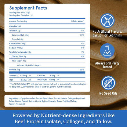 Equip Foods High Protein Prime Bars – Grass Fed Beef Protein, Collagen & Tallow – Gut Friendly, Gluten Free 20g Protein Bars - Only Real-Food Ingredients - On-the Go Snack - Peanut Butter, 12 Count