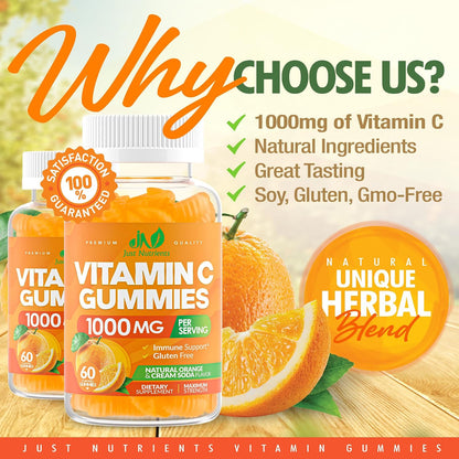 Vitamin C 1000mg Gummies – Chewable Multivitamin for Adults & Kids | Maximum Strength Immune Support with Vitamins A & E, Zinc, Magnesium & More – Natural Orange Flavor – Gluten Free, Non-GMO