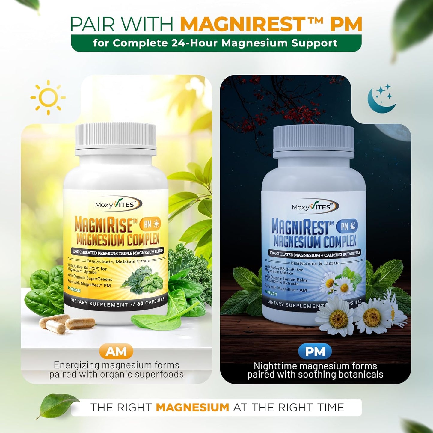MoxyVites MagniRise™ AM– Magnesium Complex for Women & Men - 200mg Magnesium Bisglycinate, Malate, Citrate, B6, Organic SuperGreens – Chelated, High Absorption – Pairs with MagniRest™ PM – 60 Capsules