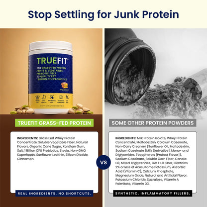 TrueFit Grass-Fed Whey Protein Powder + Fiber & Probiotics, Vanilla Shake | 25g Gut Healthy Protein with Fiber, Probiotics & Non-GMO Superfoods for Complete Meal Replacement Shake with Nothing Fake