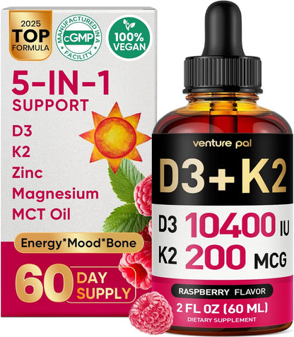 5-in-1 Vitamin D3 K2 Drops, Vitamin D3 10400 IU & K2(MK-7) 200mcg | With Magnesium, MCT Oil, Zinc, Maximum Absorption Vitamin D Liquid for Bone, Mood & Immune - Sugar Free | 2 FL OZ | 60 Days