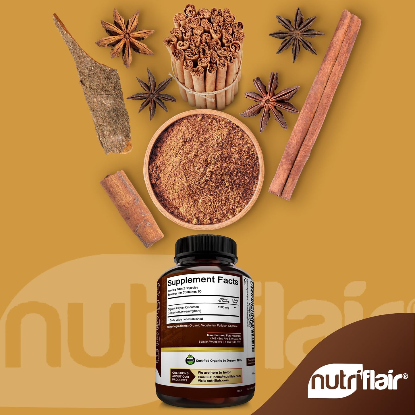 NutriFlair Organic Ceylon Cinnamon Supplement 1200mg, 120 Capsules - USDA Certified - Non-GMO, Gluten Free Powder, Antioxidant Pills