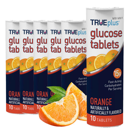 TRUEplus Glucose Tablets, Raspberry Flavor, 10 Count, 6 Tubes | Chewable Tablets, 15g Fast-Acting Carbohydrates, Fat Free, Gluten Free, Boosts Energy, Great Tasting and Easy to Use