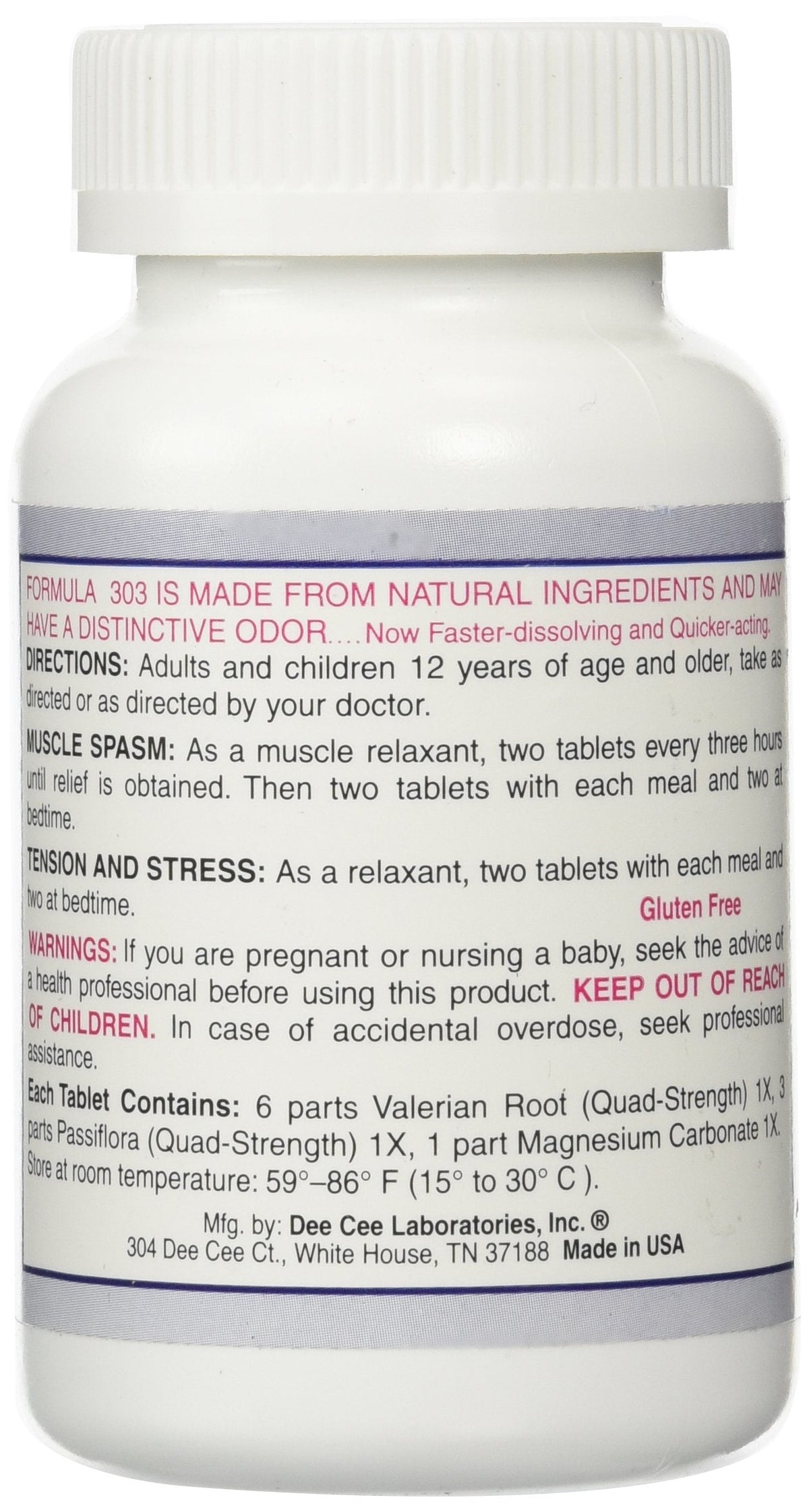 Dee Cee Labs Formula 303 Maximum Strength All-Natural Relaxant Tablets, 250 Tablets; All-Natural Relaxant containing Magnesium for Sore Muscles, Passion Flower, and Valerian Root Dee Cee LaboratoriesBuy Supplements Australia