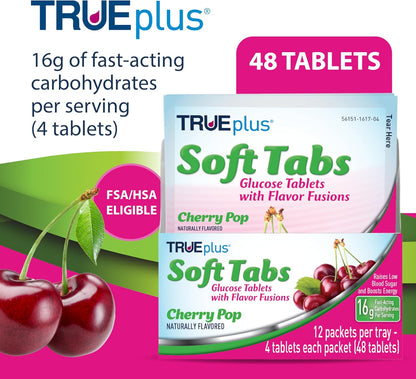 TRUEplus Soft Tabs Glucose Tablets, Cherry Pop Flavor, 4 Count, 12 Packs | Chewable Tablets, 16g Fast-Acting Carbohydrates, Fat Free, Gluten Free, Boosts Energy, Great Tasting and Easy to Use