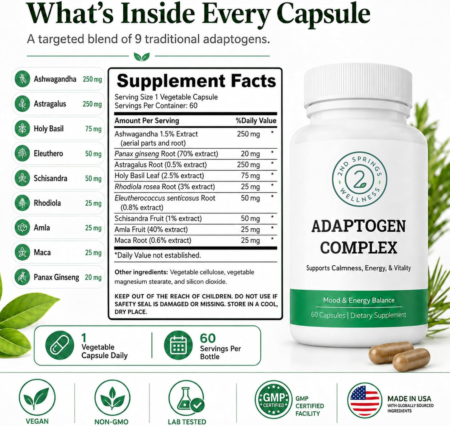 Adaptogen Complex Calmness, Energy and Vitality Booster - Ashwagandha, Schisandra, Astragalus, Ginseng, Rhodiola, and More - Adrenal Support Supplements - 60 Ct