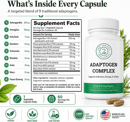 Adaptogen Complex Calmness, Energy and Vitality Booster - Ashwagandha, Schisandra, Astragalus, Ginseng, Rhodiola, and More - Adrenal Support Supplements - 60 Ct