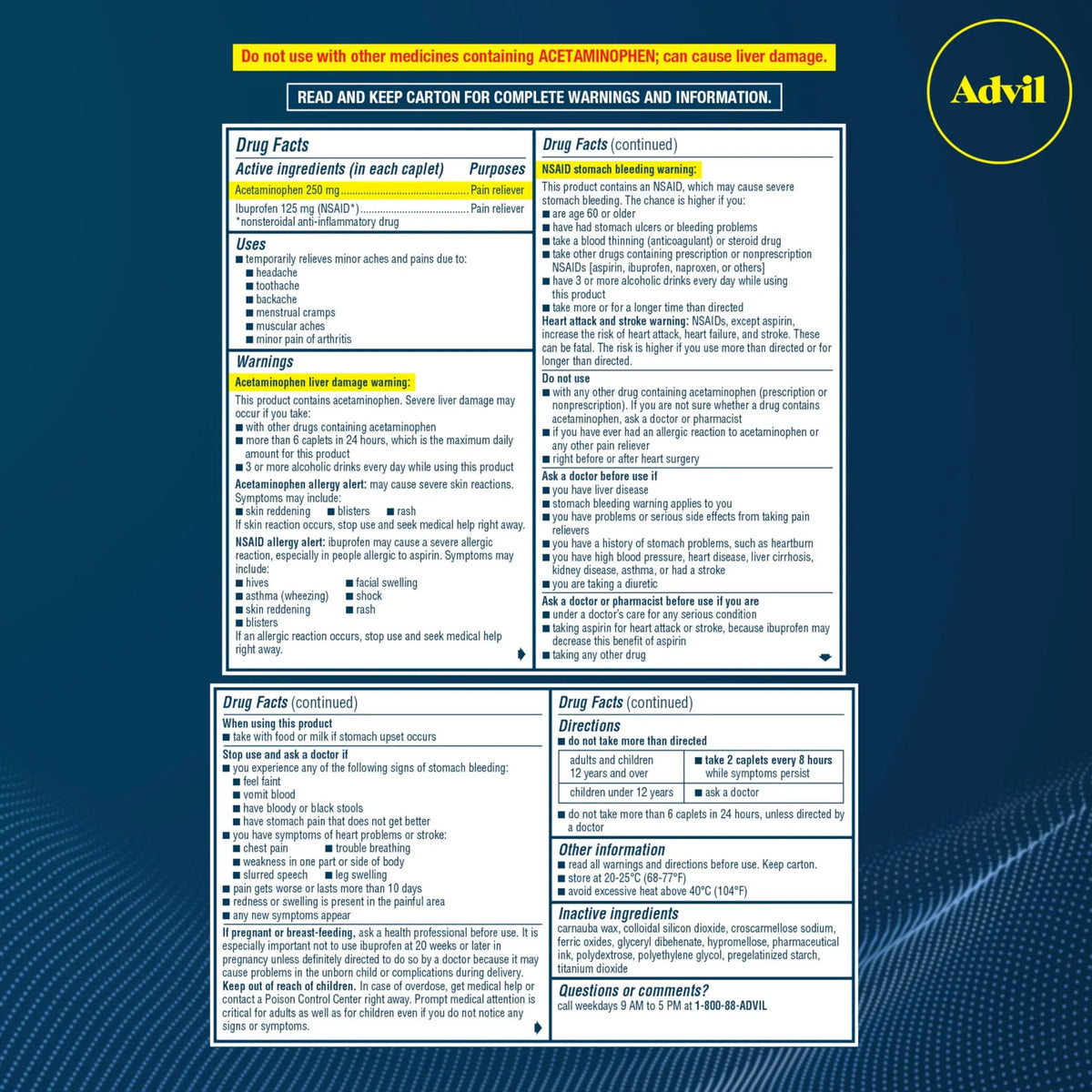 Advil Dual Action Coated Caplets with Acetaminophen, 250 Mg Ibuprofen and 500 Mg Acetaminophen Per Dose (2 Dose Equivalent) for 8 Hour Pain Relief - 72 Count AdvilBuy Supplements Australia