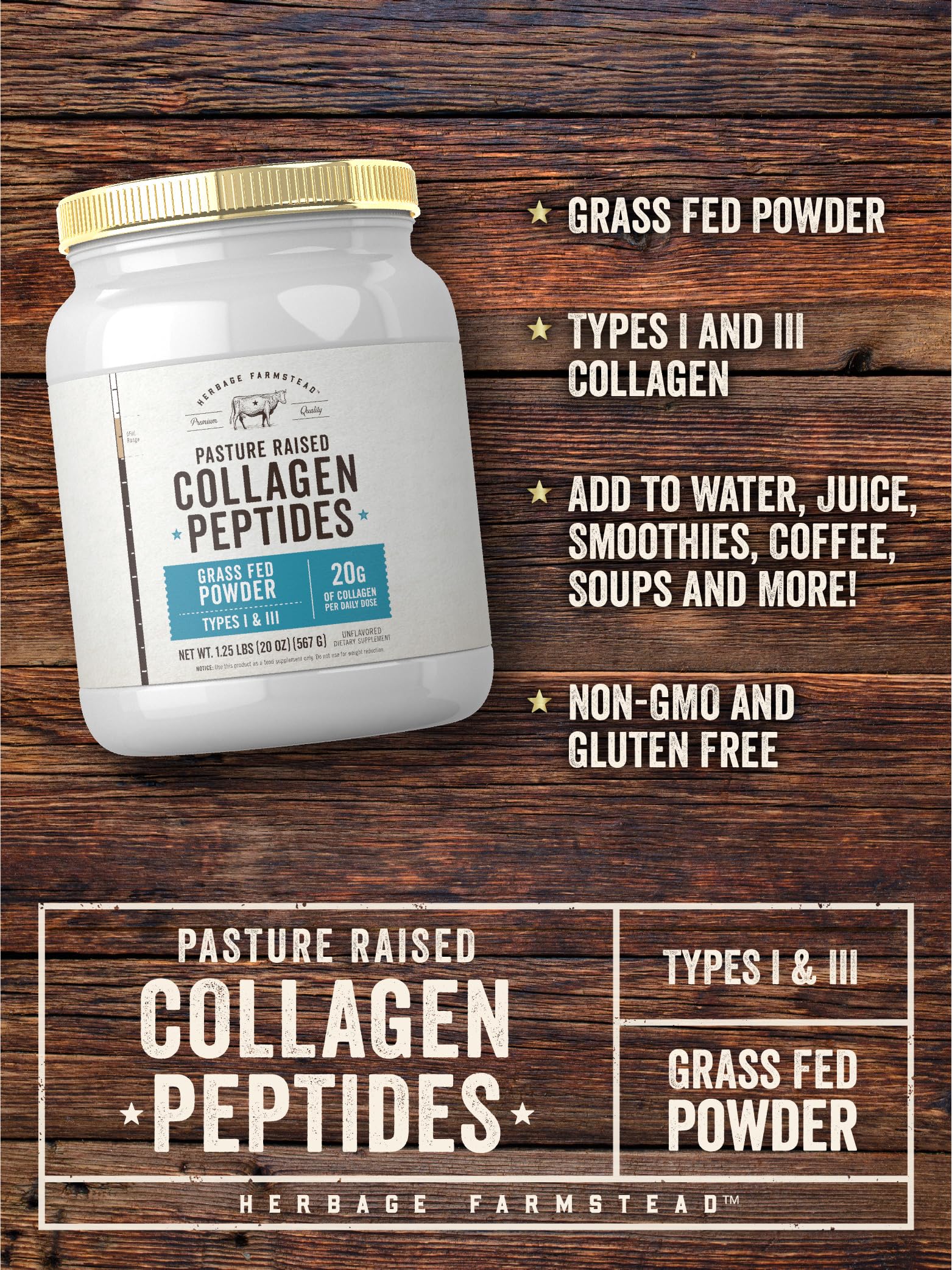 Carlyle Grass Fed Collagen Peptides Powder 20oz | Unflavored | Pasture Raised | Types I & III | 20g of Collagen Per Daily Dose | Non-GMO, Gluten Free | by Herbage Farmstead Carlyle buy supplements Au