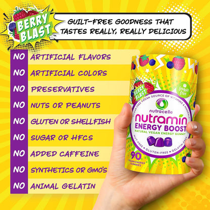 NUTRAMIN Energy Boost Vitamin Gummy - Skip The Coffee & Boost Your Energy, Caffeine-Free, Sugar-Free, Vegan, B12, Green Tea, Ashwagandha, Garcinia Cambogia, Raspberry Adaptogen - 90 ct