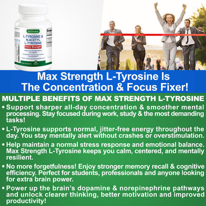 Max Strength L Tyrosine Supplement & N Acetyl L Tyrosine Peak Focus, Alertness, Concentration, Body & Mind Energy. L-Tyrosine 850mg Per 1 Capsule. A Well-Being Nutrient Boost For Performance BioWisdom Nutraceuticals buy supplements Au