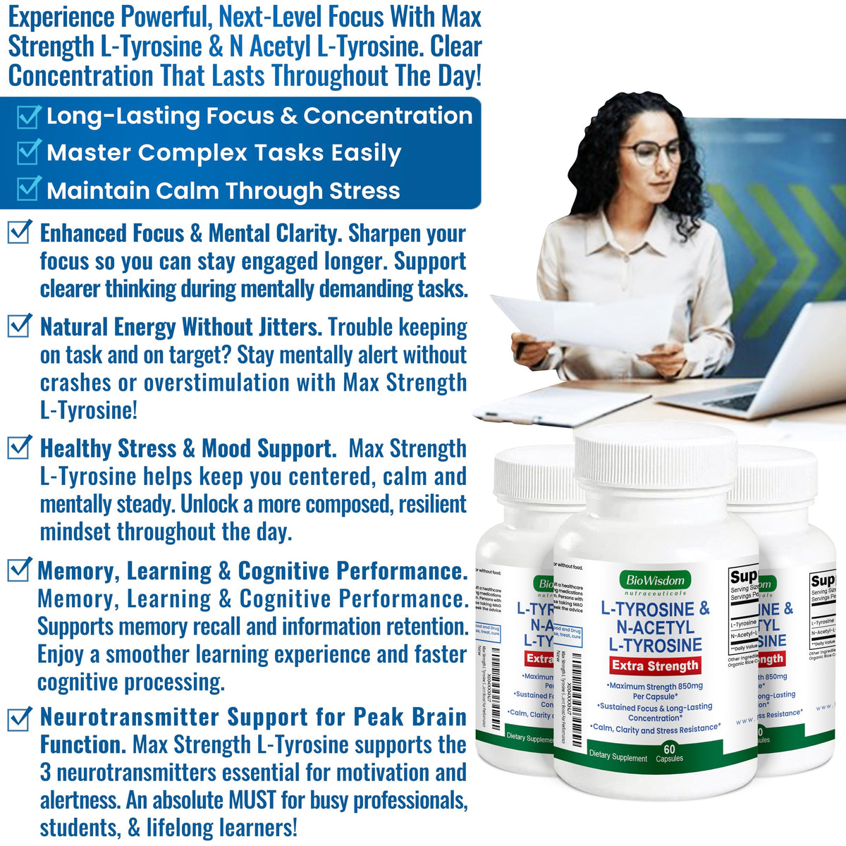 Max Strength L Tyrosine Supplement & N Acetyl L Tyrosine Peak Focus, Alertness, Concentration, Body & Mind Energy. L-Tyrosine 850mg Per 1 Capsule. A Well-Being Nutrient Boost For Performance BioWisdom Nutraceuticals buy supplements Au
