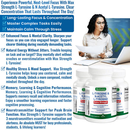 Max Strength L Tyrosine Supplement & N Acetyl L Tyrosine Peak Focus, Alertness, Concentration, Body & Mind Energy. L-Tyrosine 850mg Per 1 Capsule. A Well-Being Nutrient Boost For Performance BioWisdom Nutraceuticals buy supplements Au