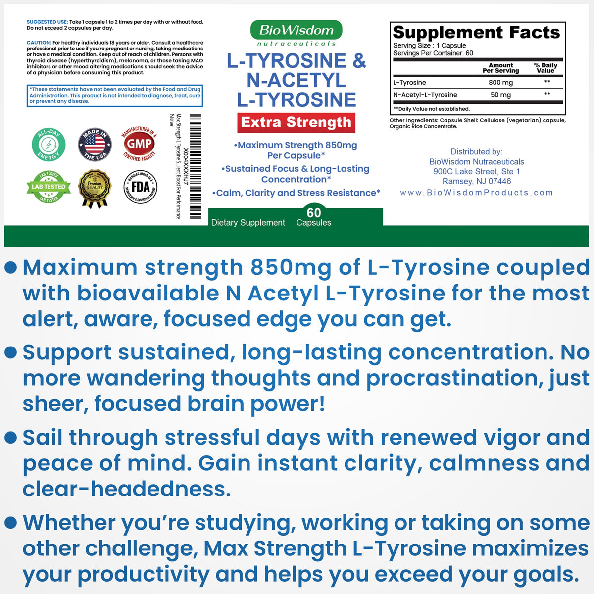 Max Strength L Tyrosine Supplement & N Acetyl L Tyrosine Peak Focus, Alertness, Concentration, Body & Mind Energy. L-Tyrosine 850mg Per 1 Capsule. A Well-Being Nutrient Boost For Performance BioWisdom NutraceuticalsBuy Supplements Australia