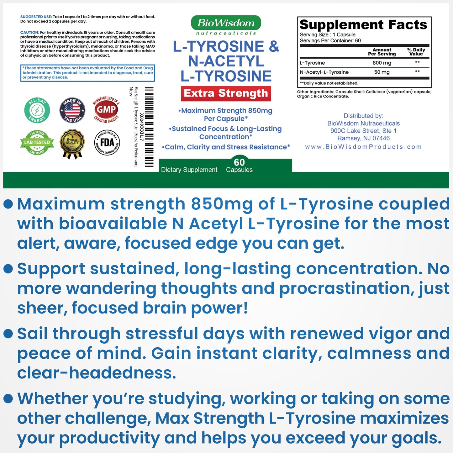 Max Strength L Tyrosine Supplement & N Acetyl L Tyrosine Peak Focus, Alertness, Concentration, Body & Mind Energy. L-Tyrosine 850mg Per 1 Capsule. A Well-Being Nutrient Boost For Performance BioWisdom Nutraceuticals buy supplements Au