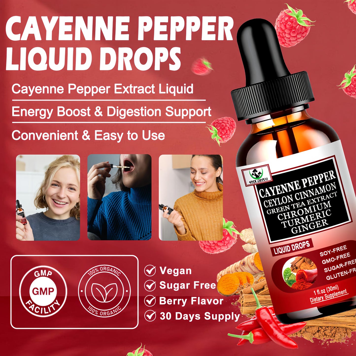 Cayenne Pepper Drops, High Absorption 6-in-1 Liquid Cayenne Pepper Supplement w/Ceylon Cinnamon, Green Tea Extract, Turmeric, Organic Liquid Drops Than Cayenne Capsules Powder Vita letuo buy supplements Au