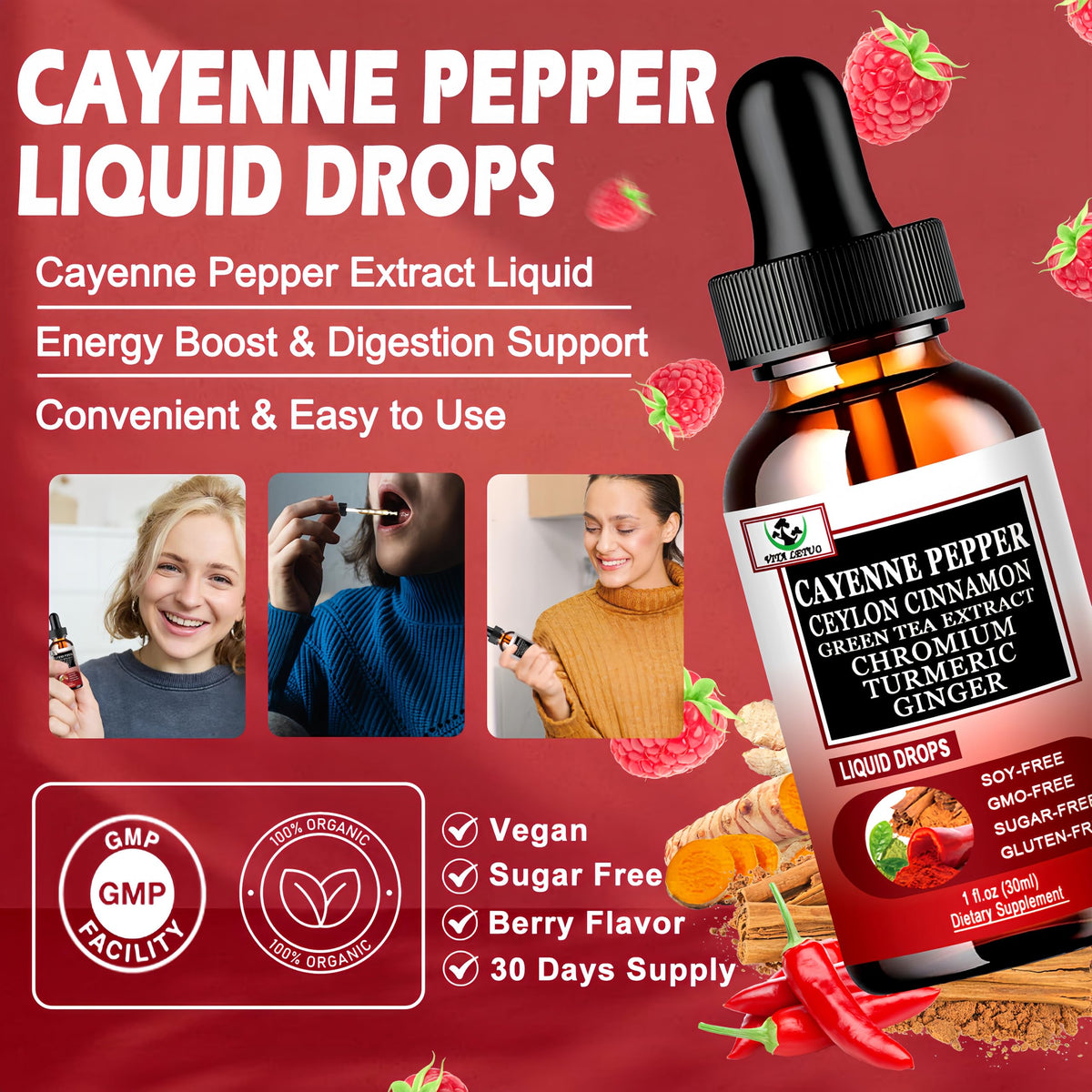 Cayenne Pepper Drops, High Absorption 6-in-1 Liquid Cayenne Pepper Supplement w/Ceylon Cinnamon, Green Tea Extract, Turmeric, Organic Liquid Drops Than Cayenne Capsules Powder Vita letuo buy supplements Au