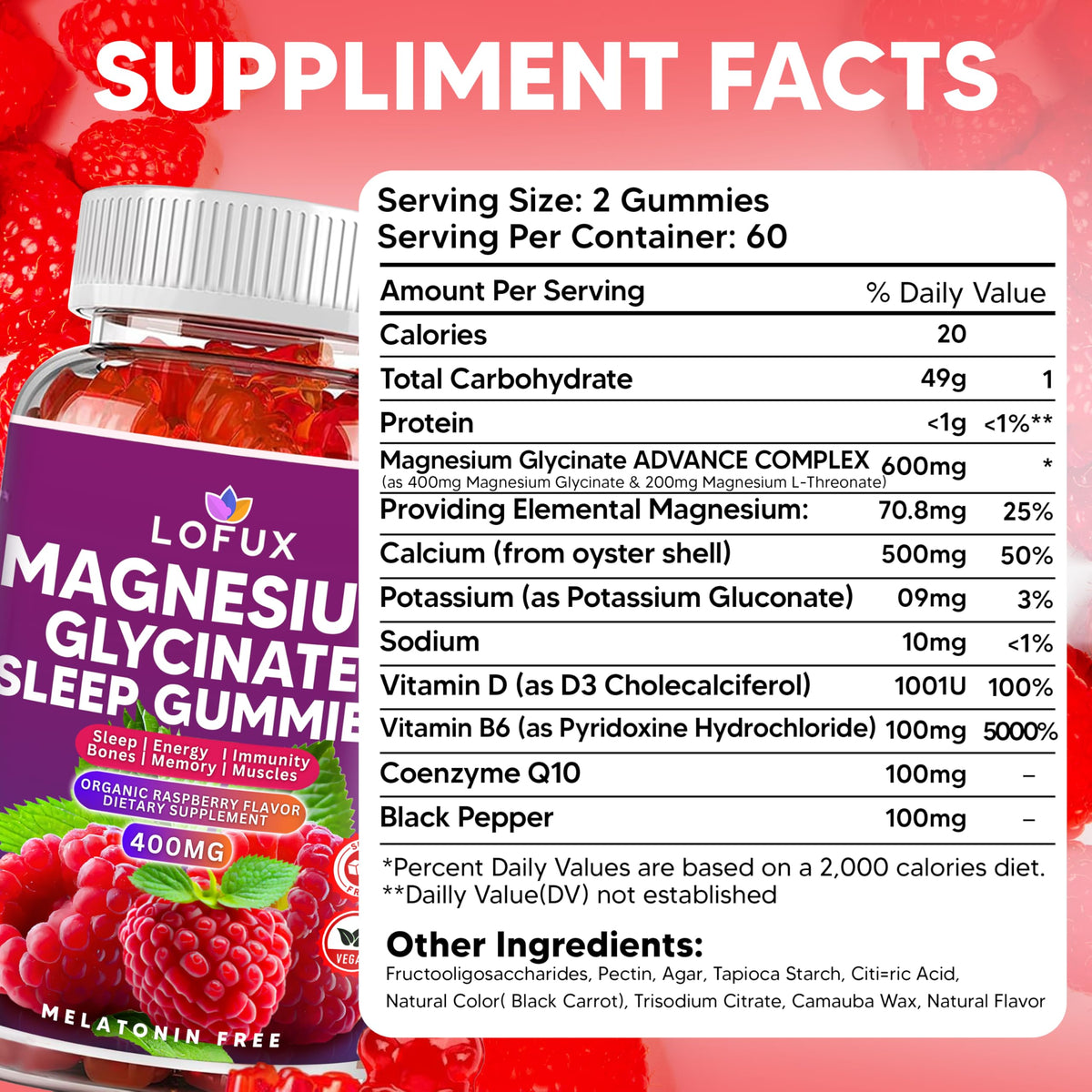 Lofux Magnesium Glycinate Gummies 400mg, Sugar Free Magnesium Gummies for Adults Women, Men, Chewable Supplement Gummy with L-Threonate, Vitamin D, B6, CoQ10 - for Calm, Sleep, Body Relaxation, 120 Ct LofuxBuy Supplements Australia