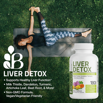 Bronson Liver Detox Advanced Detox & Cleansing Formula Supports Health Liver Function with Milk Thistle, Dandelion Extract, Turmeric, Artichoke Leaf & More, Non-GMO, 60 Vegetarian Capsules